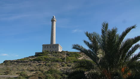 Leuchtturm-Von-Cabo-De-Palos,-Mar-Menor,-Spanien,-Mittelmeer,-Sonniger-Tag,-Palmen